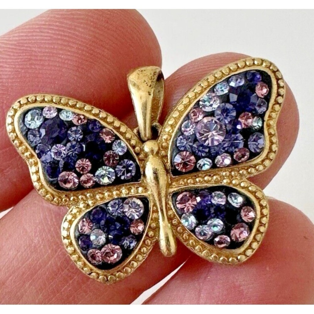 JCM Butterfly Pendant Purple Pink Crystals Brass Thailand Signed Stunning Charm